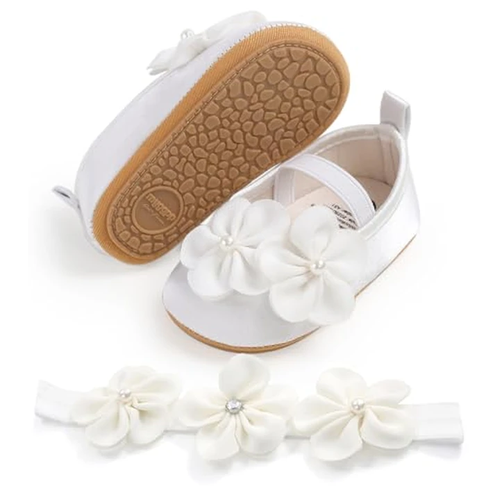 Baby Girls Mary Jane Flats with Flowers Headbands, Non Slip Soft Sole Newborn Infant Toddler Floral Wedding Dress Shoes by GDSDYM - Image 5