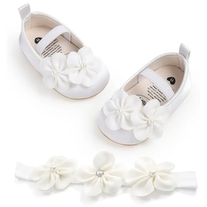 Baby Girls Mary Jane Flats with Flowers Headbands, Non Slip Soft Sole Newborn Infant Toddler Floral Wedding Dress Shoes by GDSDYM - Image 6