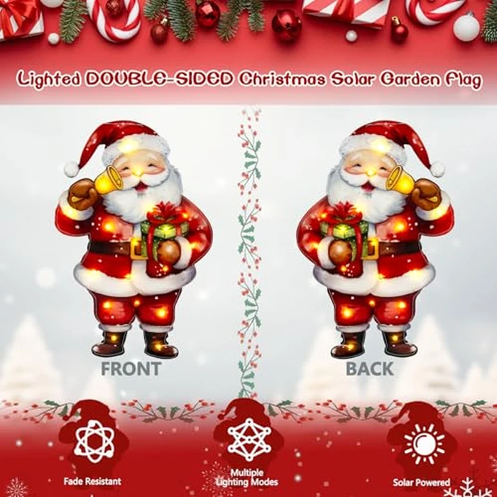 amadecohome Lighted Christmas Garden Flag 12x18, 8 Modes Double Sided Solar Christmas Decorations Outdoor LED Navidad Flag, Yard Decorations for Xmas Patio Lawn Porch(Santa Warm White 12x18) by amadecohome - Image 3