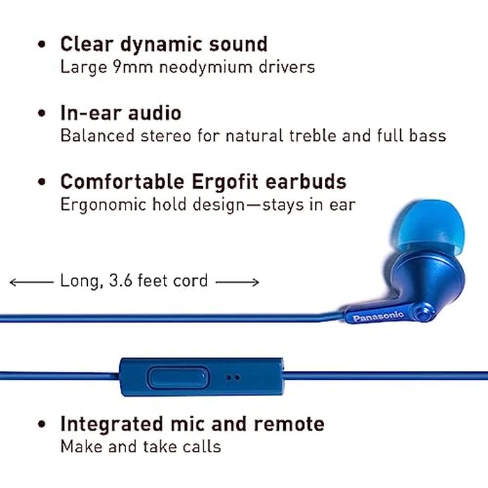 Panasonic ErgoFit Wired Earbuds with Microphone, 3.5mm Jack Headphones with Mic and Call Controller, Ergonomic Custom-Fit Earpieces (S/M/L), for Phones and Laptops - RP-TCM125-AA (Metallic Blue) by Panasonic - Image 2