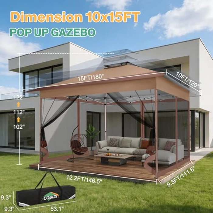 C0BIZI Gazebo 10x15 Pop up Canopy,Gazebos on Clearance-Canopy Tent with Mosquito Netting for Lawn,Garden,Backyard & Patio-Outdoor Tent-Water Resistant and UPF50+ (Brown) by COBIZI - Image 2