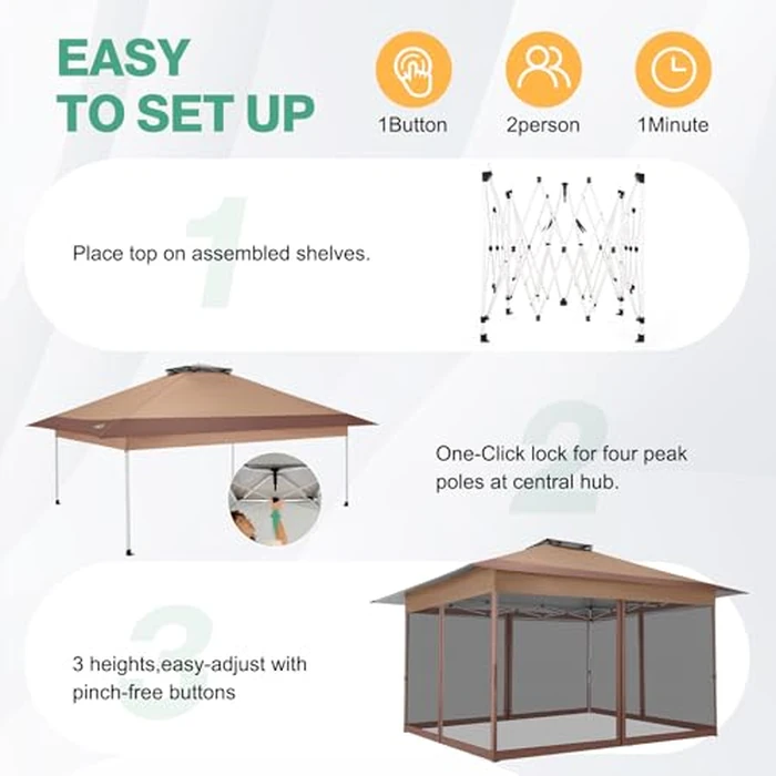 C0BIZI Gazebo 10x15 Pop up Canopy,Gazebos on Clearance-Canopy Tent with Mosquito Netting for Lawn,Garden,Backyard & Patio-Outdoor Tent-Water Resistant and UPF50+ (Brown) by COBIZI - Image 8