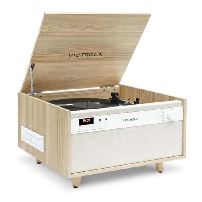 Victrola Century 6-in-1 Vinyl Record Player & Music Center - 3-Speed Turntable, CD & Cassette Player, VINYLSTREAM, Bluetooth & 3.5mm Aux, Record Player with Speakers, Mid Century Design (Natural) by Victrola - Used - Acceptable condition - CA$354.07