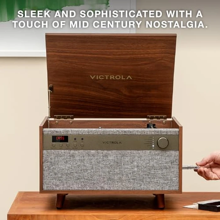 Victrola Century 6-in-1 Vinyl Record Player & Music Center - 3-Speed Turntable, CD & Cassette Player, VINYLSTREAM, Bluetooth & 3.5mm Aux, Record Player with Speakers, Mid Century Design (Natural) by Victrola - Image 4