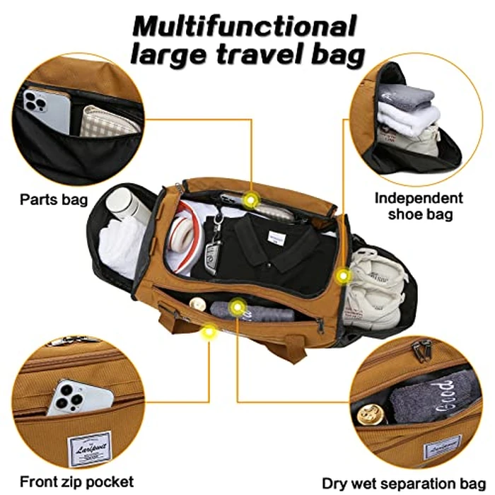 Laripwit Travel Duffle Bag for Men 40L Sports Gym Bag with Wet Pocket & Shoes Compartment Weekender Overnight Backpack for Traveling Duffel Bag Backpack for Women, Khaki by Laripwit - Image 4