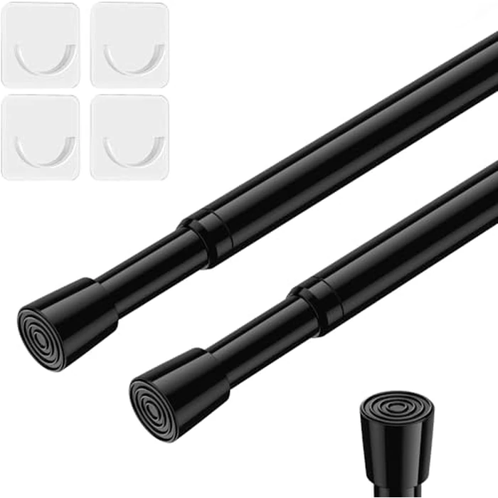 2 Pack Tension Rods Spring Tension Curtain Rod, 26 to 39 Inch Adjustable Black Tension Rod, Small Curtain Rods Spring Loaded Curtains Tension Rods for Window, Bathroom, Cupboard, Kitchen, Home by AIZESI - Used - Very Good condition