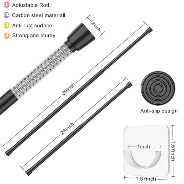 2 Pack Tension Rods Spring Tension Curtain Rod, 26 to 39 Inch Adjustable Black Tension Rod, Small Curtain Rods Spring Loaded Curtains Tension Rods for Window, Bathroom, Cupboard, Kitchen, Home by AIZESI - Image 2