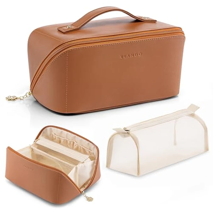 Vlando Large Capacity Travel Cosmetic Bag - Makeup Bag, PU Leather Waterproof Cosmetic Bag, Dark Brown by VLANDO - Used - Like New condition - CA$24.44