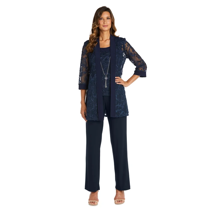 R&M Richards Women's Elegant Dressy Pants Suit Set | 2-Piece Formal Outfit W/Mesh Jacket Over Mock Top, Trousers & Necklace by R&M Richards - Used - Like New condition - US$55.34