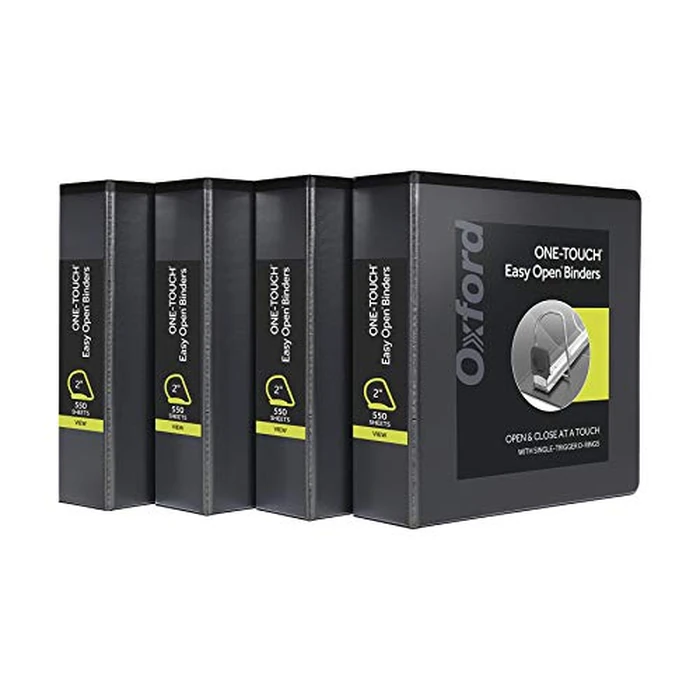 Oxford 3 Ring Binders, Binders for School and Office, 2 Inch ONE-Touch Easy Open D Rings, 3-Sided View Binder Covers, Xtralife Hinge, Non-Stick, PVC-Free, Black, 530-Sheet Capacity, 4 Pack (79911) by Oxford - Used - Like New condition - US$14.22