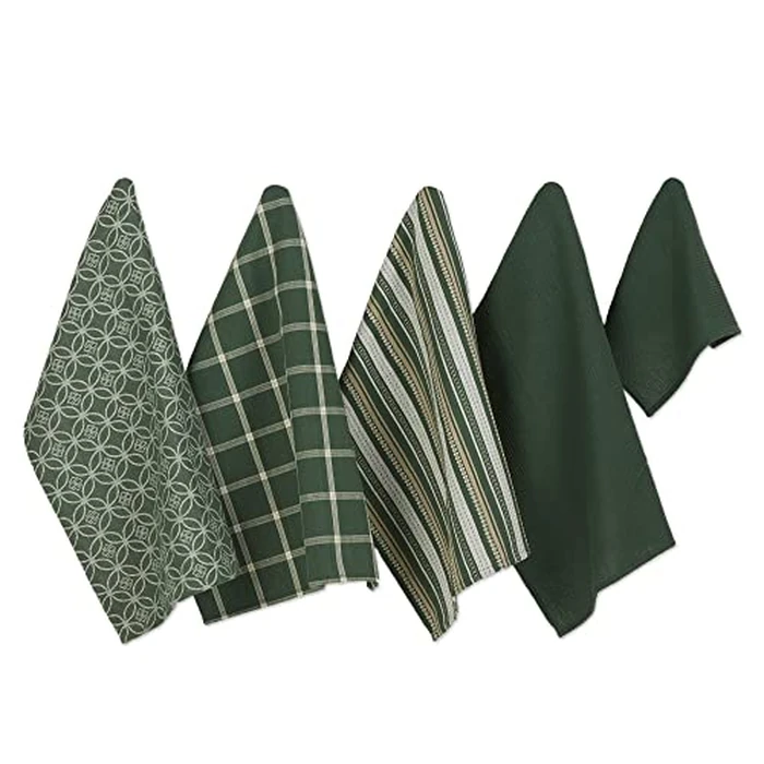 DII Assorted Woven Kitchen Set, Dishtowel, 18x28, Dishcloth, 13x13, Dark Green, 5 Piece by DII - Used - Like New condition - CA$18.16