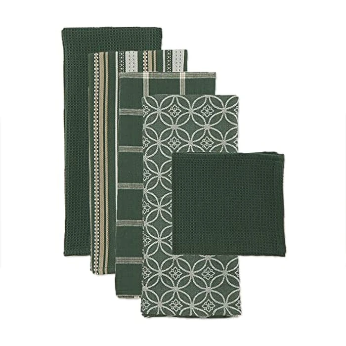 DII Assorted Woven Kitchen Set, Dishtowel, 18x28, Dishcloth, 13x13, Dark Green, 5 Piece by DII - Image 2