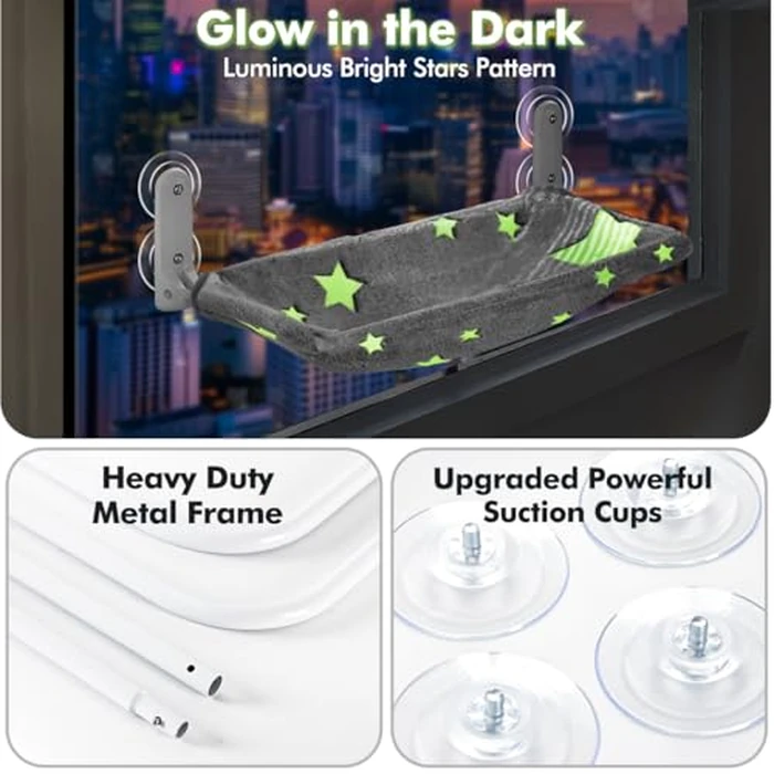 Zoratoo Cat Window Perch, Glow in The Dark Cordless Foldable Pet Hammock Bed for Window with Sturdy Metal Frame, Glowing Stars Pattern Resting Seat for Indoor Cats (Stars - L) by Zoratoo - Image 3