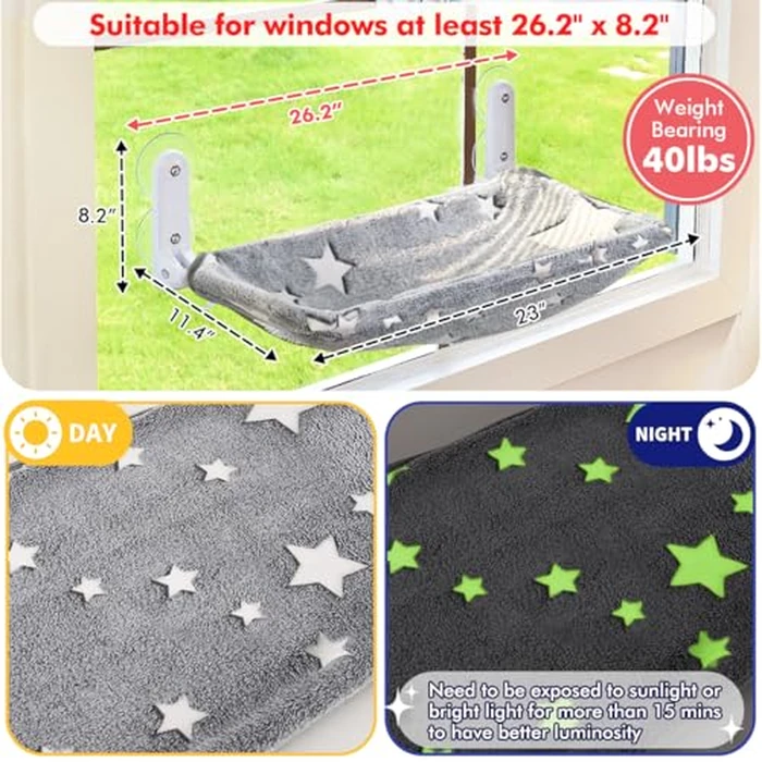 Zoratoo Cat Window Perch, Glow in The Dark Cordless Foldable Pet Hammock Bed for Window with Sturdy Metal Frame, Glowing Stars Pattern Resting Seat for Indoor Cats (Stars - L) by Zoratoo - Image 4