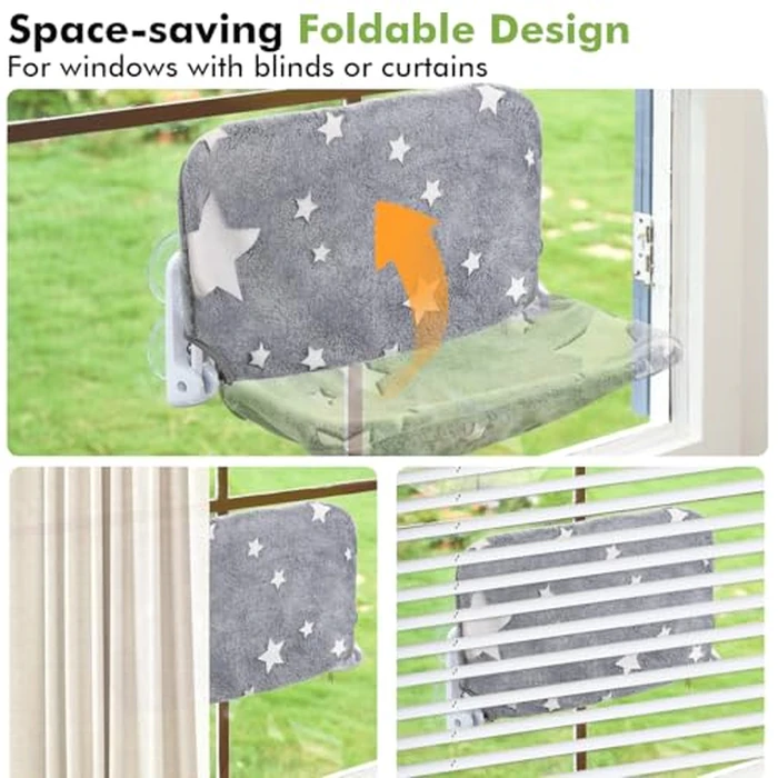 Zoratoo Cat Window Perch, Glow in The Dark Cordless Foldable Pet Hammock Bed for Window with Sturdy Metal Frame, Glowing Stars Pattern Resting Seat for Indoor Cats (Stars - L) by Zoratoo - Image 6