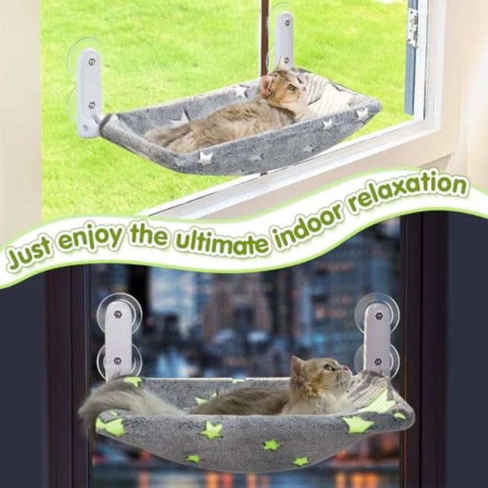 Zoratoo Cat Window Perch, Glow in The Dark Cordless Foldable Pet Hammock Bed for Window with Sturdy Metal Frame, Glowing Stars Pattern Resting Seat for Indoor Cats (Stars - L) by Zoratoo - Image 7