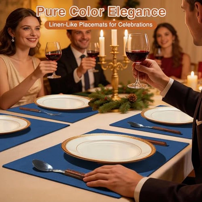 Linen Fabric Placemats Set of 4, Machine Washable, Heat Resistant, Wrinkle Free, Thick Polyester Kitchen Place Mats for Dining Table (Navy Blue) by Rinpon - Image 2