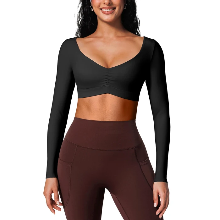 BRXL Black Crop Top Long Sleeve Workout Gym Athletic Tops Built in Bra Deep V Neck Ruched Padded Dance Sexy Shirts by BRXL - Used - Like New condition - US$20.04