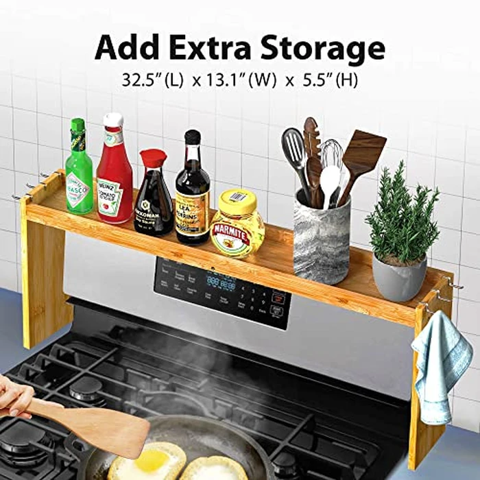 IIIOIIIA Bamboo Over the Stove Spice Shelf for Kitchen, 31.5" Spice Rack Organizer Shelf with 6 hooks, 11.4" Height Extra Storage Countertop, Easy to Assemble by IIIOIIIA - Image 2