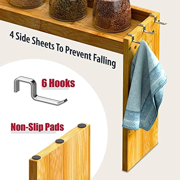 IIIOIIIA Bamboo Over the Stove Spice Shelf for Kitchen, 31.5" Spice Rack Organizer Shelf with 6 hooks, 11.4" Height Extra Storage Countertop, Easy to Assemble by IIIOIIIA - Image 7