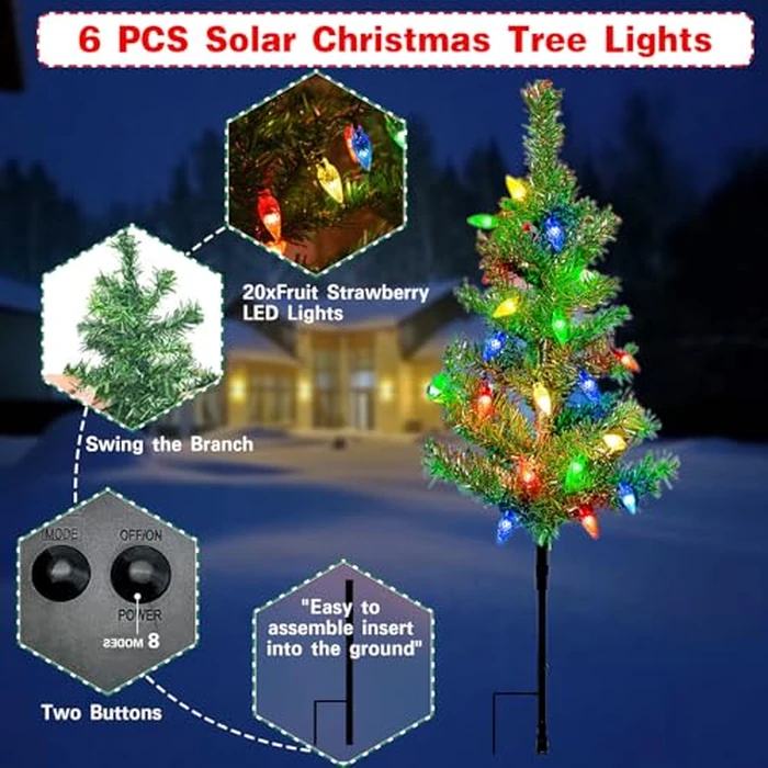 6 PCS Solar Christmas Tree, Outdoor Christmas Decorations, Xmas Tree Solar Powered with 120 LED Multi-Color Lights, for Holiday Yard Front Porch Pathway Graveyard Cemetery Garden Patio Decoration by LSHXINXX - Image 3