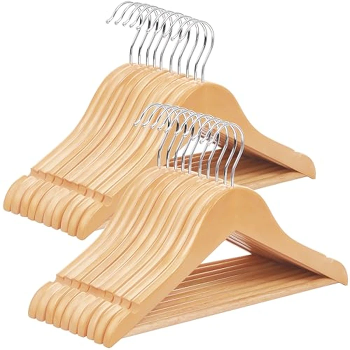 SONGMICS Kids Wooden Hangers 20 Pack, Solid Wood Baby Hangers, Children's Coat Hangers with Pants Bar, Shoulder Notches, Swivel Hooks, 12.6 x 7.5 Inches, Natural and Silver UCRW06NL by SONGMICS - Used - Like New condition - US$24.22