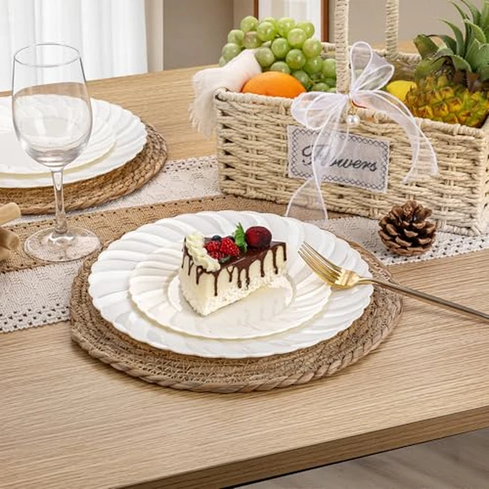 U-QE 60 Pcs Ivory Plastic Plates for Party - Scalloped Plastic Plates Heavy Duty & Elegant - Include 30 10.25" Dinner & 30 7.25" Dessert Plates - Perfect for Party & Wedding by U-QE - Image 2