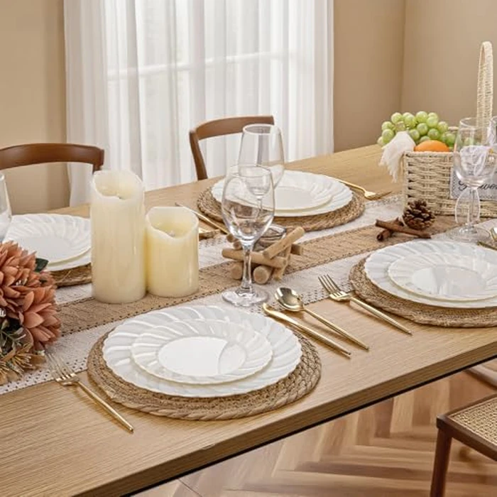 U-QE 60 Pcs Ivory Plastic Plates for Party - Scalloped Plastic Plates Heavy Duty & Elegant - Include 30 10.25" Dinner & 30 7.25" Dessert Plates - Perfect for Party & Wedding by U-QE - Image 4