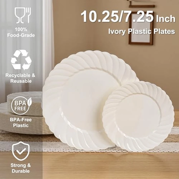 U-QE 60 Pcs Ivory Plastic Plates for Party - Scalloped Plastic Plates Heavy Duty & Elegant - Include 30 10.25" Dinner & 30 7.25" Dessert Plates - Perfect for Party & Wedding by U-QE - Image 5
