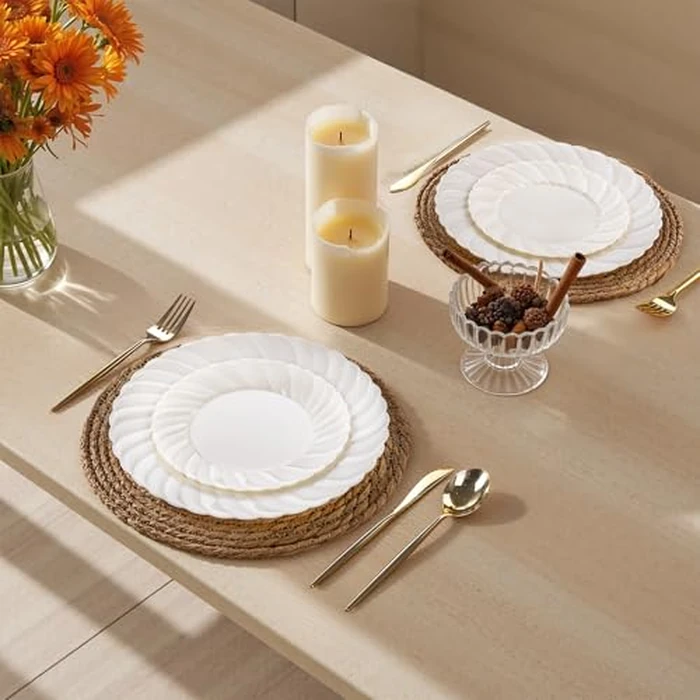 U-QE 60 Pcs Ivory Plastic Plates for Party - Scalloped Plastic Plates Heavy Duty & Elegant - Include 30 10.25" Dinner & 30 7.25" Dessert Plates - Perfect for Party & Wedding by U-QE - Image 6