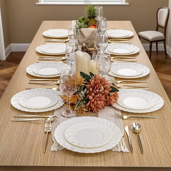 U-QE 60 Pcs Ivory Plastic Plates for Party - Scalloped Plastic Plates Heavy Duty & Elegant - Include 30 10.25" Dinner & 30 7.25" Dessert Plates - Perfect for Party & Wedding by U-QE - Image 7