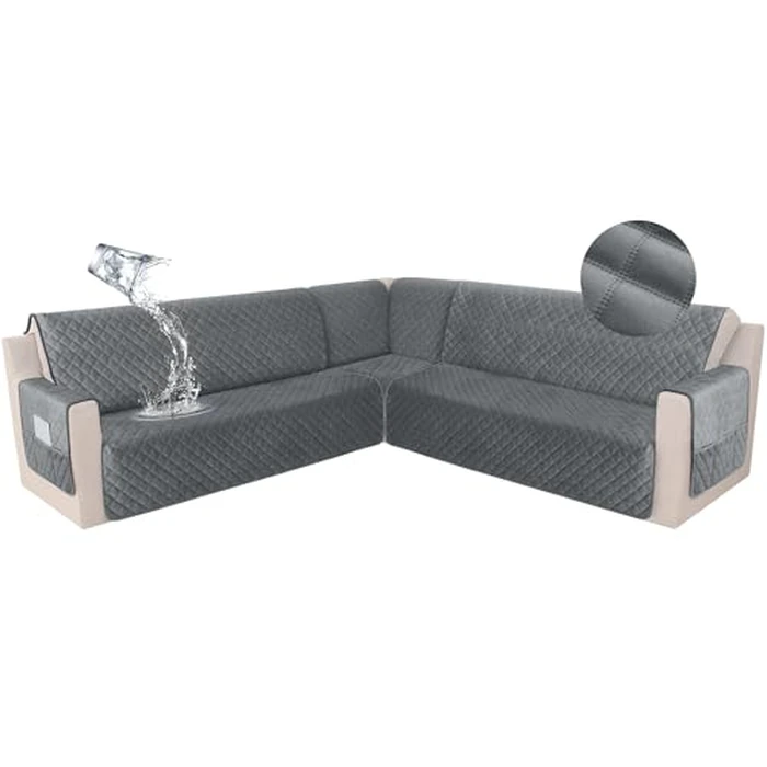 HDCAXKJ Waterproof Corner Sectional Couch Cover Velvet L Shape Sofa Covers for Pets Dogs Soft Heavy Duty U Shaped Sofa Slipcovers Sets for Sectional Non Slip Furniture Protector (Dark Gray, XX-Large) by HDCAXKJ - Used - Very Good condition - US$100.58