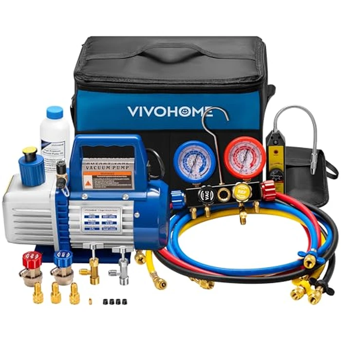 VIVOHOME Upgraded 4CFM 1/3 HP 1-Stage HVAC Vacuum Pump and 4 Way AC Manifold Gauge Set with Leak Detector, 5ft Hoses & Accessories for R134a R12 R22 R502 R410a Automotive Air Conditioner Maintenance by VIVOHOME - Used - Like New condition - US$119.99