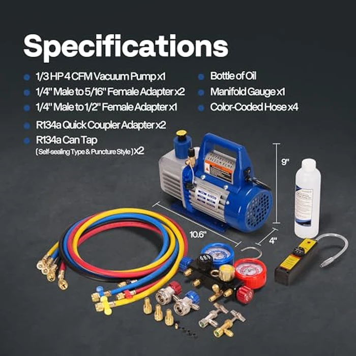 VIVOHOME Upgraded 4CFM 1/3 HP 1-Stage HVAC Vacuum Pump and 4 Way AC Manifold Gauge Set with Leak Detector, 5ft Hoses & Accessories for R134a R12 R22 R502 R410a Automotive Air Conditioner Maintenance by VIVOHOME - Image 6