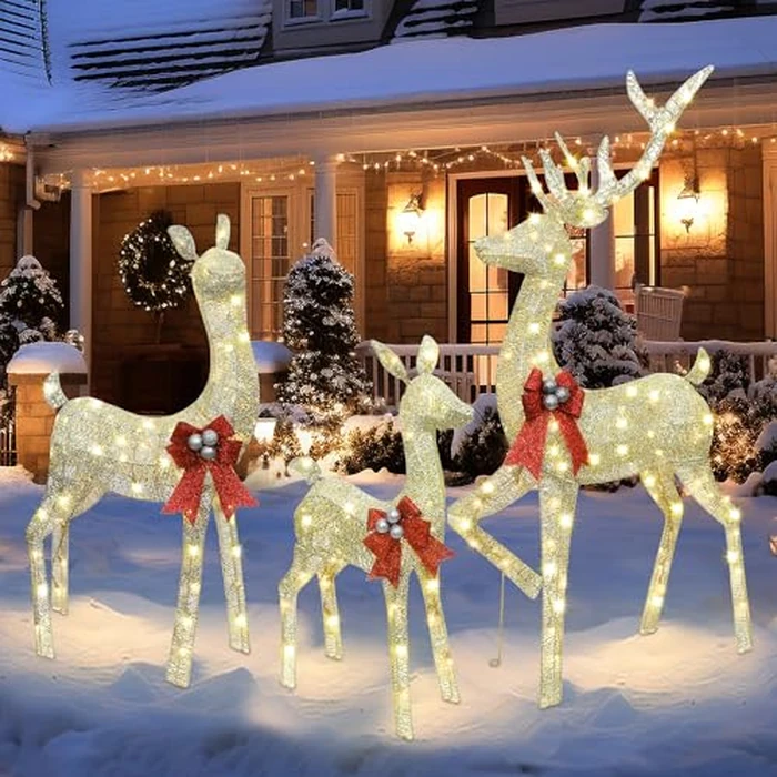 winemana 5ft Reindeer Christmas Outdoor Decorations, Set of 3 Extra Large Deer Yard Decor- Lighted 3D Reindeer Family Set for Outside Lawn Garden Xmas Holiday Party Decor (Gold) by winemana - Image 1