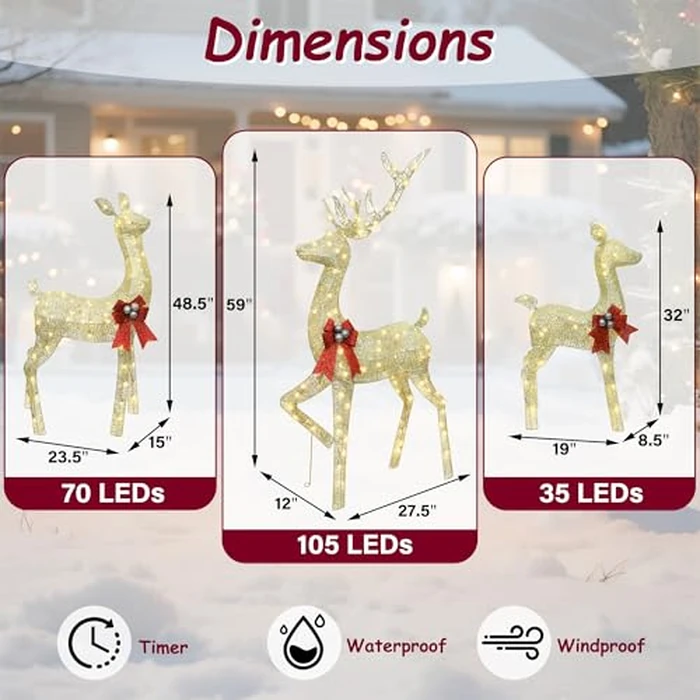 winemana 5ft Reindeer Christmas Outdoor Decorations, Set of 3 Extra Large Deer Yard Decor- Lighted 3D Reindeer Family Set for Outside Lawn Garden Xmas Holiday Party Decor (Gold) by winemana - Image 2