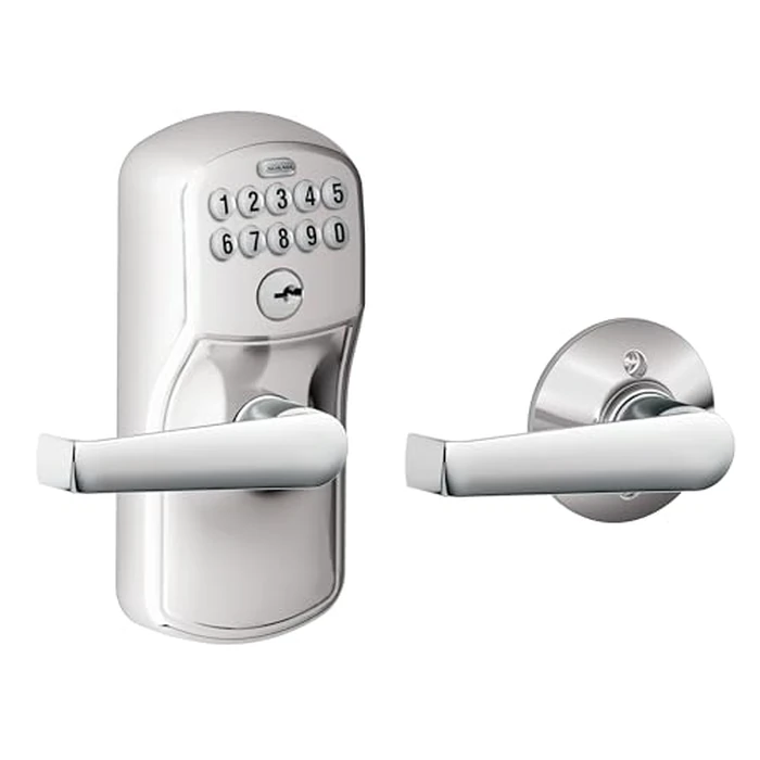Schlage Plymouth Keypad Lock with Lever Handle, Electronic Keyless Door Entry, Auto‑Lock Enabled, Satin Chrome, FE575 PLY 626 ELA by SCHLAGE - Used - Very Good condition