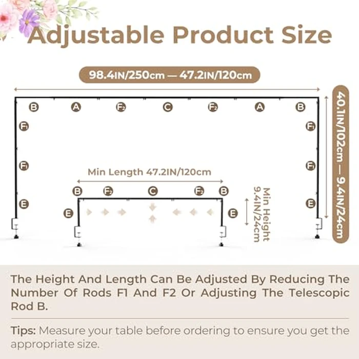 Babenest Over The Table Rod Stand with Clamps Adjustable 47"-98'' Length 9"-40" Height, Metal Flower Hanging Table Arch Stand for Birthday Wedding Party Baby Shower Halloween Christmas Decor (Black) by Babenest - Image 3