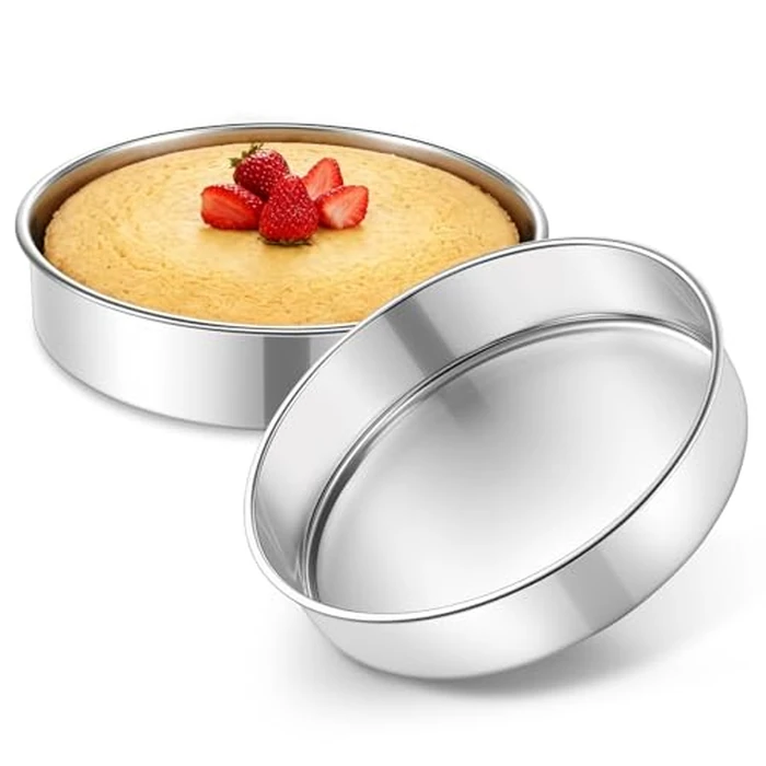 P&P CHEF 9 Inch Cake Pan Set of 2, 2 Pieces Round Layer Cake Baking Pans, Stainless Steel Smash Cake Tin Bakeware for Cooking Steaming, Nontoxic & Sturdy, Oven & Dishwasher Safe by P&P CHEF - Used - Like New condition