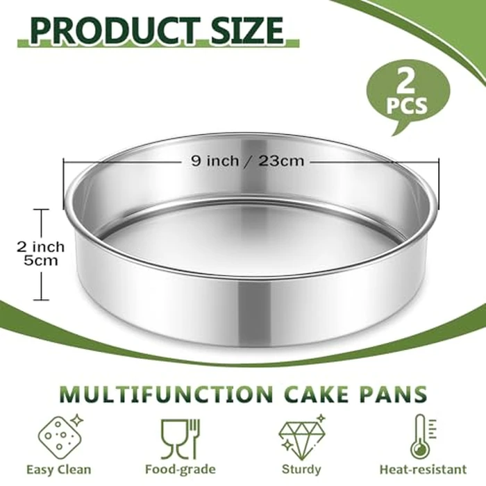 P&P CHEF 9 Inch Cake Pan Set of 2, 2 Pieces Round Layer Cake Baking Pans, Stainless Steel Smash Cake Tin Bakeware for Cooking Steaming, Nontoxic & Sturdy, Oven & Dishwasher Safe by P&P CHEF - Image 2