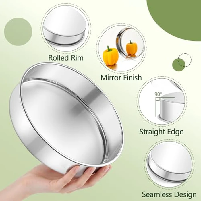 P&P CHEF 9 Inch Cake Pan Set of 2, 2 Pieces Round Layer Cake Baking Pans, Stainless Steel Smash Cake Tin Bakeware for Cooking Steaming, Nontoxic & Sturdy, Oven & Dishwasher Safe by P&P CHEF - Image 3