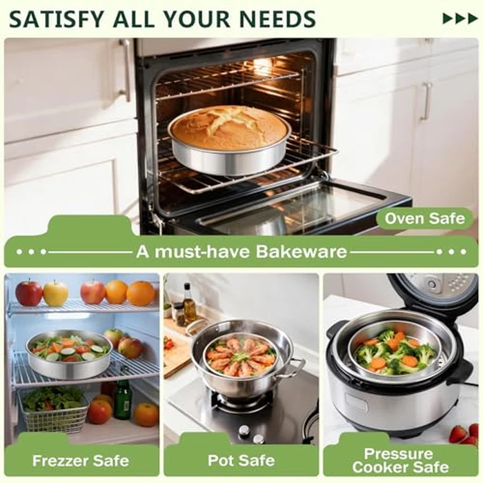P&P CHEF 9 Inch Cake Pan Set of 2, 2 Pieces Round Layer Cake Baking Pans, Stainless Steel Smash Cake Tin Bakeware for Cooking Steaming, Nontoxic & Sturdy, Oven & Dishwasher Safe by P&P CHEF - Image 4