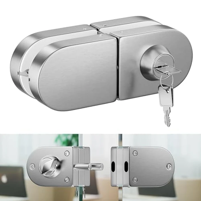 Ranbo Frameless Double-Sided Glass Door Lock,Clamp-On No-Drill,304 Stainless Steel,for 3/8"-1/2"(10-12mm) Swing Door,for Office,Storefront,3 Keys,Brushed Nickel-Double Swing Doors Floor Lock Required by Ranbo - Used - Very Good condition - CA$32.58