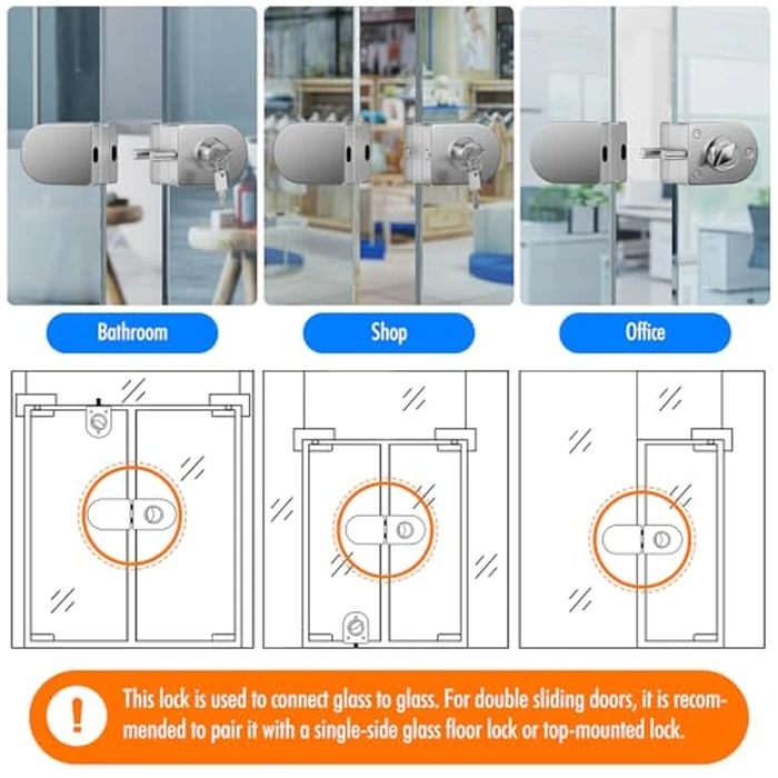 Ranbo Frameless Double-Sided Glass Door Lock,Clamp-On No-Drill,304 Stainless Steel,for 3/8"-1/2"(10-12mm) Swing Door,for Office,Storefront,3 Keys,Brushed Nickel-Double Swing Doors Floor Lock Required by Ranbo - Image 7