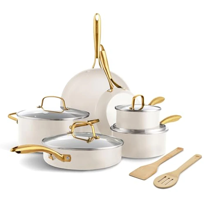 GreenPan Swift 12-Piece Ceramic Nonstick Cookware Set, PFAS-Free, Hard Anodized for Durable Performance, Bamboo Utensils, Oven/Broiler Safe to 600 degreesF, Dishwasher Safe, Cream by GreenPan - Used - Like New condition