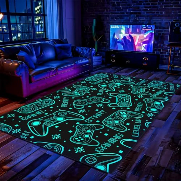 Auetwyona 4x6 Gaming Rug for Boys Room - 3D Printed Games Theme Fluorescent Green Gamer Area Rug for Livingroom Teen Boy Gamer Room Rug Decor Video Game Area Carpet for Bedroom,Game Room by Auetwyona - Used - Like New condition