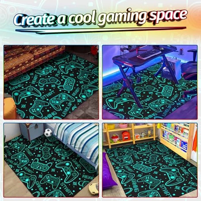 Auetwyona 4x6 Gaming Rug for Boys Room - 3D Printed Games Theme Fluorescent Green Gamer Area Rug for Livingroom Teen Boy Gamer Room Rug Decor Video Game Area Carpet for Bedroom,Game Room by Auetwyona - Image 5