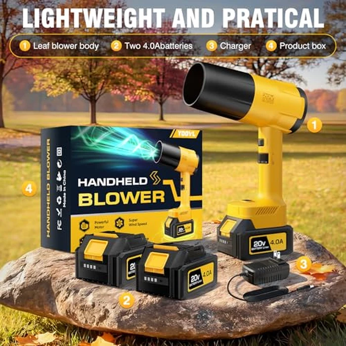 Leaf Blower Cordless, Handheld Leaf Blower with 2 X 4.0Ah Battery and Charger, Snow Blower with 6 Speed Modes, Lightweight Blowers for Lawn Care, Patio, Yard, Blowing Snow, Leaves, Dust-Yellow by YOOVL - Image 6