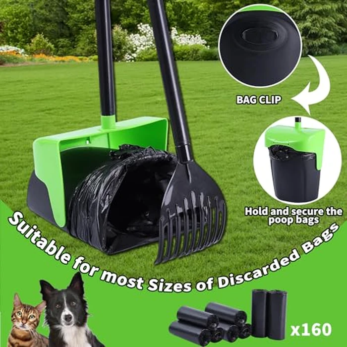 ienjoyed Pooper Scooper Large Swivel Bin & Rake with 160 Waste Bags,Heavy Duty Dog Pooper Scooper with Bag Attachment for Dogs, Long Handle Poop Scooper with Lid for Yard, Grass, Gravel(Green) by ienjoyed - Image 3