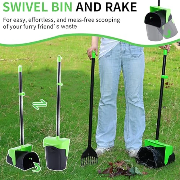 ienjoyed Pooper Scooper Large Swivel Bin & Rake with 160 Waste Bags,Heavy Duty Dog Pooper Scooper with Bag Attachment for Dogs, Long Handle Poop Scooper with Lid for Yard, Grass, Gravel(Green) by ienjoyed - Image 4